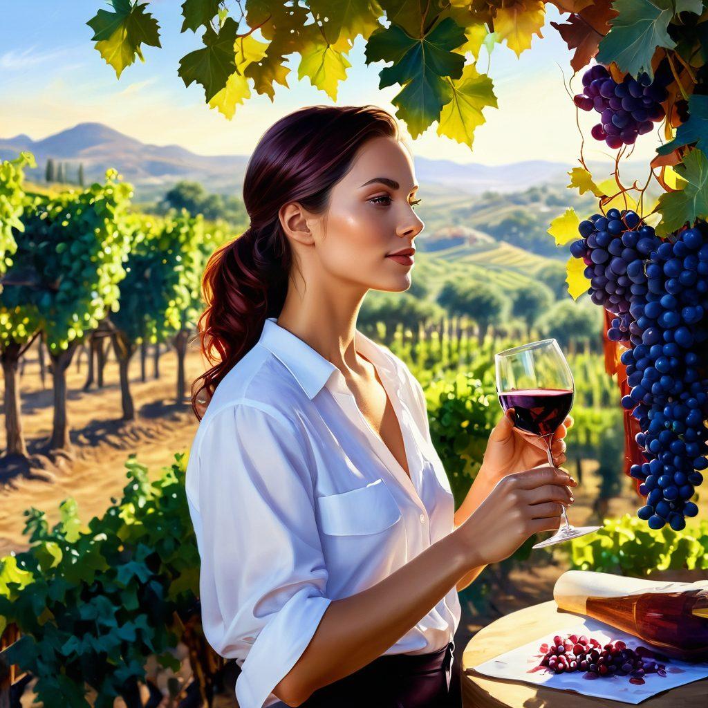 A beautiful woman artist painting amidst lush vineyards, vibrant grape clusters hanging around her, while a gallery showcasing wine-themed artworks is visible in the background. Soft sunlight filters through the grapevines, creating a warm, inviting atmosphere. The scene captures the essence of female artistry in the wine and art world. super-realistic. vibrant colors. natural setting.