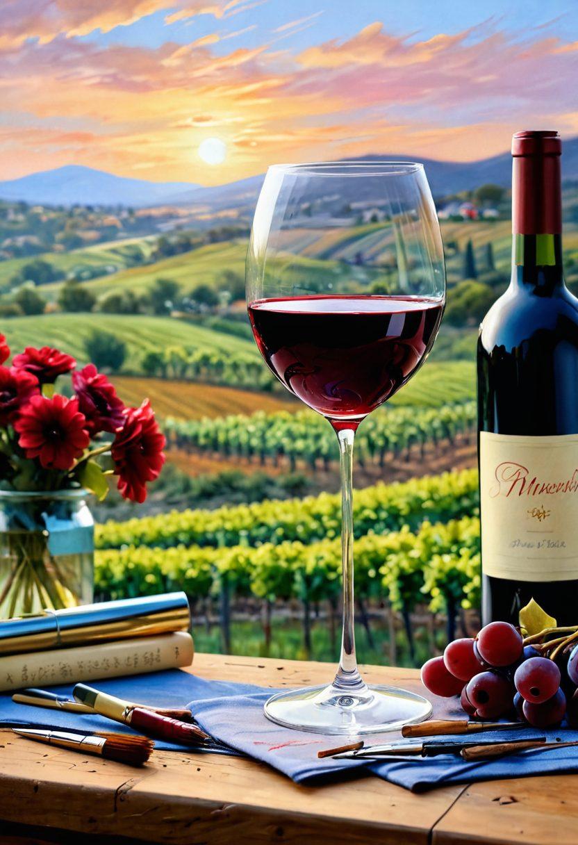An elegant wine glass brimming with rich, ruby red wine, surrounded by artistic tools like paintbrushes and canvases. In the background, a vineyard with women artists painting the scenic landscape, celebrating creativity. The scene embodies a fusion of winemaking and feminine artistic expression, radiating warmth and joy. soft pastel colors. impressionist style.